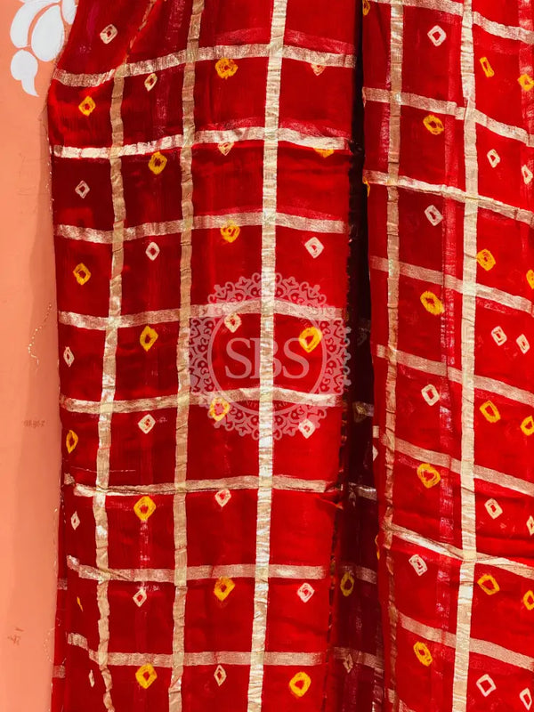 PURE GEORGETTE BHANDEJ GHATCHOLA SAREE Red / Free Size