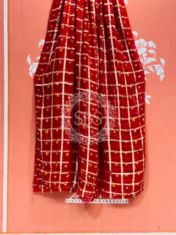 PURE GEORGETTE BHANDEJ GHATCHOLA SAREE Red / Free Size