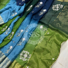 PURE HO SILK BOOTA SAREE Blue-Green (Combination) / Free Size