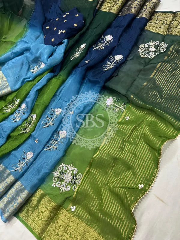 PURE HO SILK BOOTA SAREE Blue-Green (Combination) / Free Size