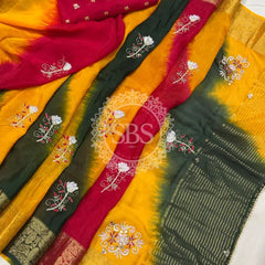 PURE HO SILK BOOTA SAREE Yellow-Red-Green (Combination) / Free Size