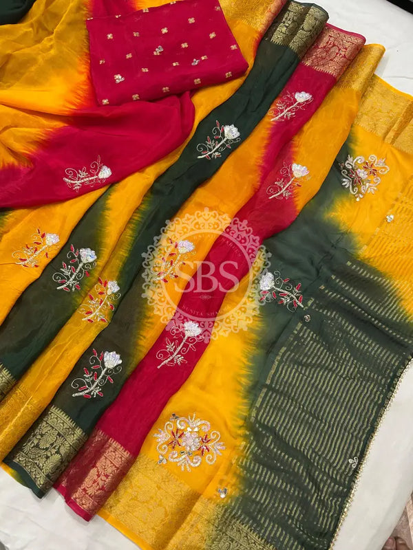 PURE HO SILK BOOTA SAREE Yellow-Red-Green (Combination) / Free Size