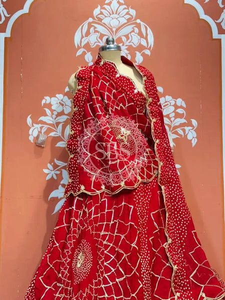 PURE JAIPURI GEORGETTE GOTA LEHENGA Red / Free Size