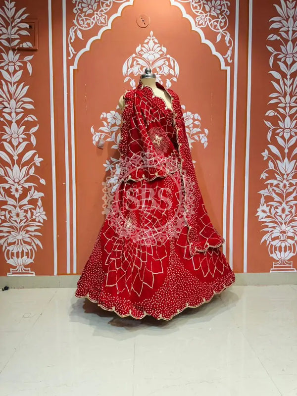 PURE JAIPURI GEORGETTE GOTA LEHENGA Red / Free Size