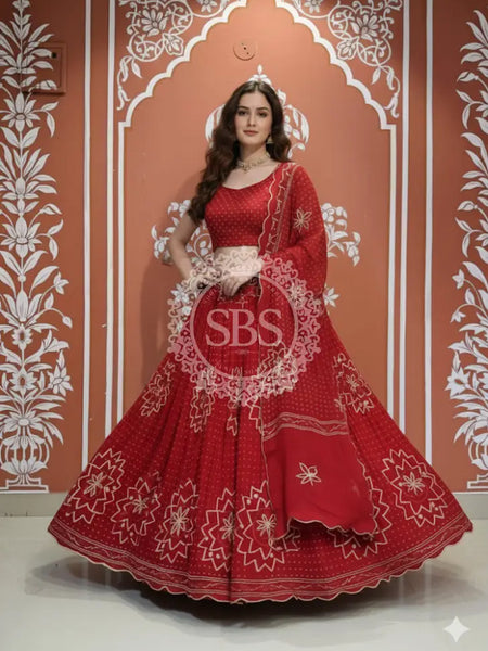 PURE JAIPURI GEORGETTE GOTA LEHENGA Red / Free Size