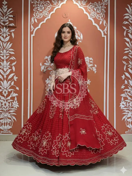 PURE JAIPURI GEORGETTE GOTA LEHENGA Red / Free Size