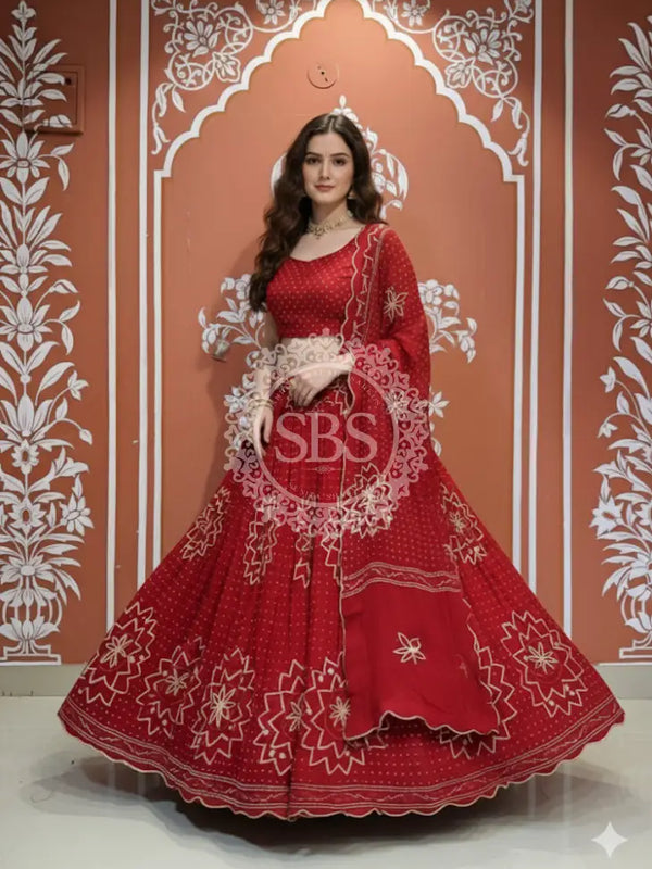 PURE JAIPURI GEORGETTE GOTA LEHENGA Red / Free Size