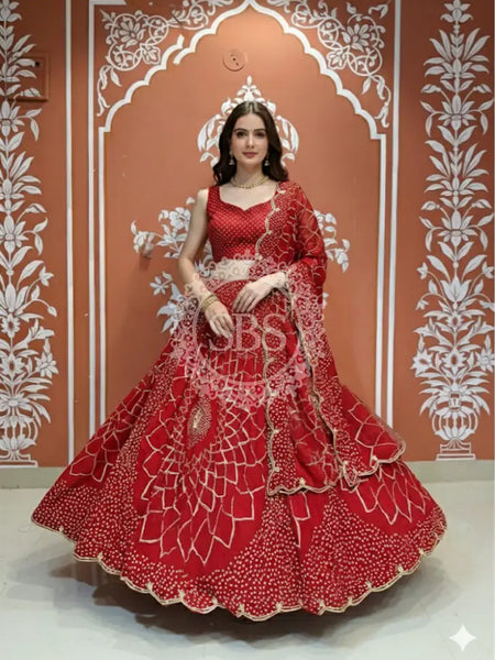 PURE JAIPURI GEORGETTE GOTA LEHENGA Red / Free Size