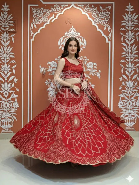 PURE JAIPURI GEORGETTE GOTA LEHENGA Red / Free Size