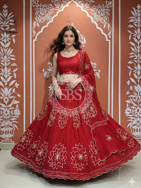 PURE JAIPURI GEORGETTE GOTA LEHENGA Red / Free Size