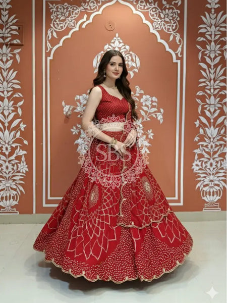 PURE JAIPURI GEORGETTE GOTA LEHENGA Red / Free Size