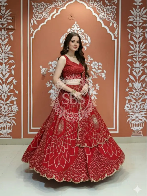 PURE JAIPURI GEORGETTE GOTA LEHENGA Red / Free Size
