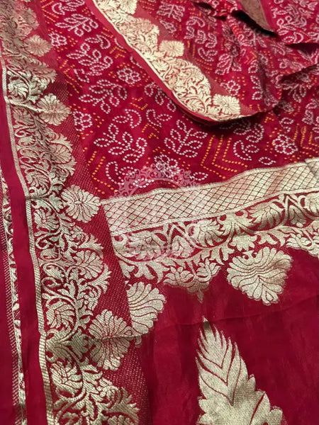 PURE MOONGA SILK BANDHANI SAREE Red / Free Size