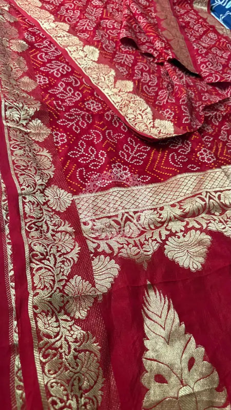 PURE MOONGA SILK BANDHANI SAREE Red / Free Size