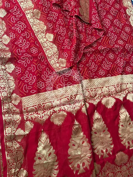PURE MOONGA SILK BANDHANI SAREE Red / Free Size