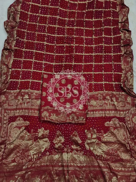 PURE MOONGA SILK GHATCHOLA BHANDEJ SAREE Maroon / Free Size