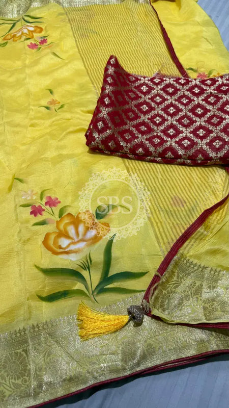 PURE RUSSIAN SILK HANDBRUSH PRINT SAREE