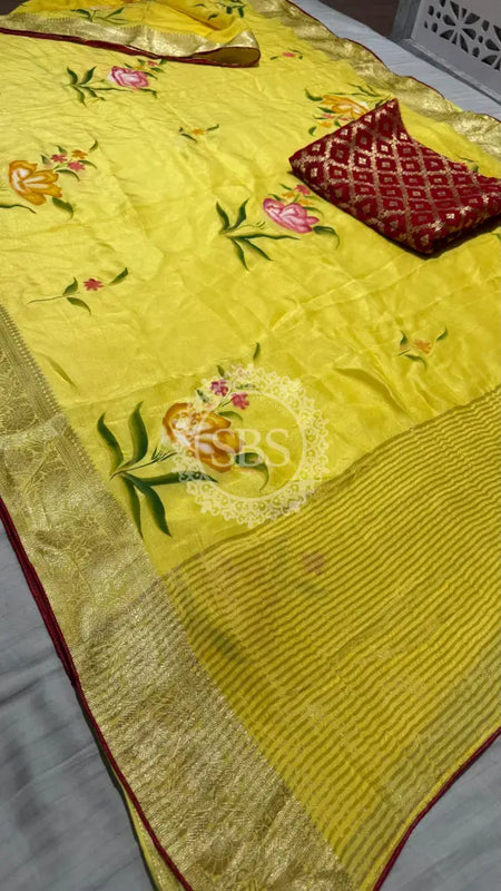 PURE RUSSIAN SILK HANDBRUSH PRINT SAREE