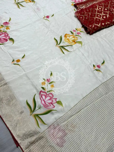 PURE RUSSIAN SILK HANDBRUSH PRINT SAREE White / Free Size