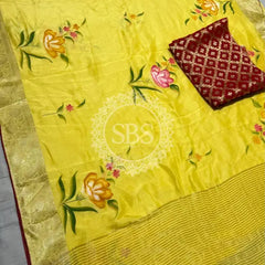 PURE RUSSIAN SILK HANDBRUSH PRINT SAREE Yellow / Free Size