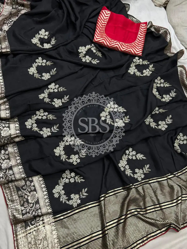 PURE RUSSIAN SILK ZARI HANDWORK SAREE Black / Free Size