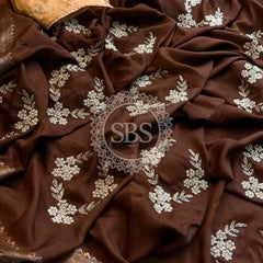 PURE RUSSIAN SILK ZARI HANDWORK SAREE Brown / Free Size