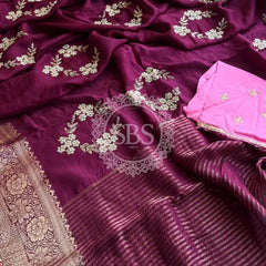 PURE RUSSIAN SILK ZARI HANDWORK SAREE Dark Pink / Free Size