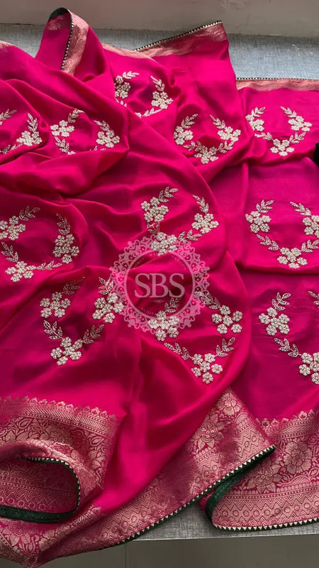 PURE RUSSIAN SILK ZARI HANDWORK SAREE Pink / Free Size