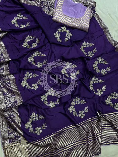 PURE RUSSIAN SILK ZARI HANDWORK SAREE Purple / Free Size
