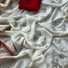 PURE RUSSIAN SILK ZARI HANDWORK SAREE White / Free Size
