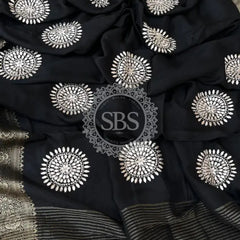 PURE RUSSIAN SILK ZARI HANDWORK SAREES Black / Free Size