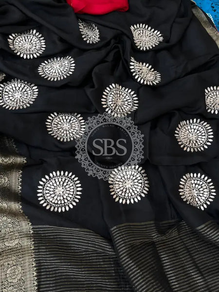 PURE RUSSIAN SILK ZARI HANDWORK SAREES Black / Free Size