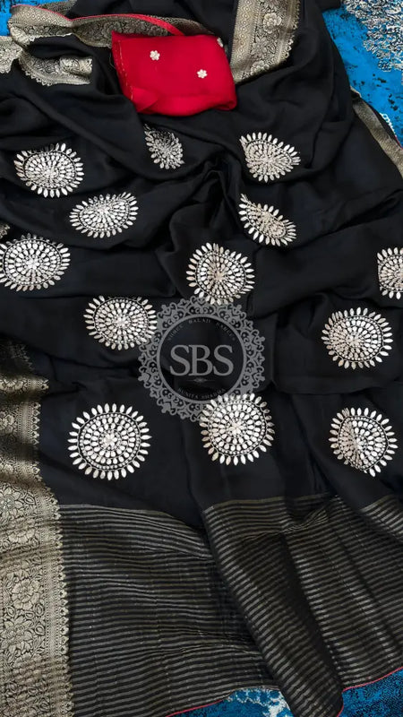 PURE RUSSIAN SILK ZARI HANDWORK SAREES Black / Free Size