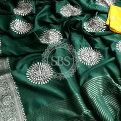 PURE RUSSIAN SILK ZARI HANDWORK SAREES Green / Free Size