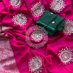 PURE RUSSIAN SILK ZARI HANDWORK SAREES Pink / Free Size