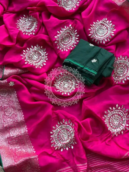 PURE RUSSIAN SILK ZARI HANDWORK SAREES Pink / Free Size
