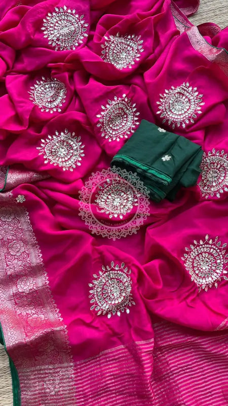 PURE RUSSIAN SILK ZARI HANDWORK SAREES Pink / Free Size