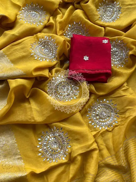 PURE RUSSIAN SILK ZARI HANDWORK SAREES Yellow / Free Size