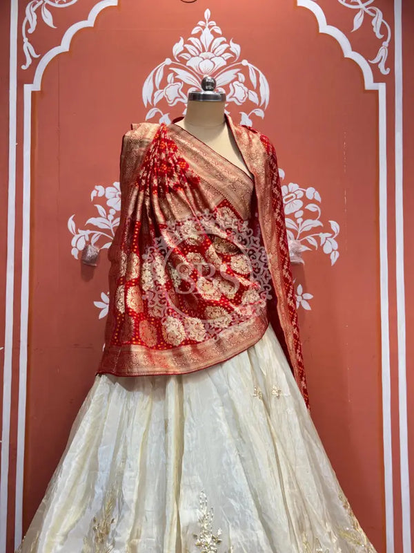 Pure Tissue gota and Kachi patti lehenga with Khadi Georgette Dupatta White & red / Free Size