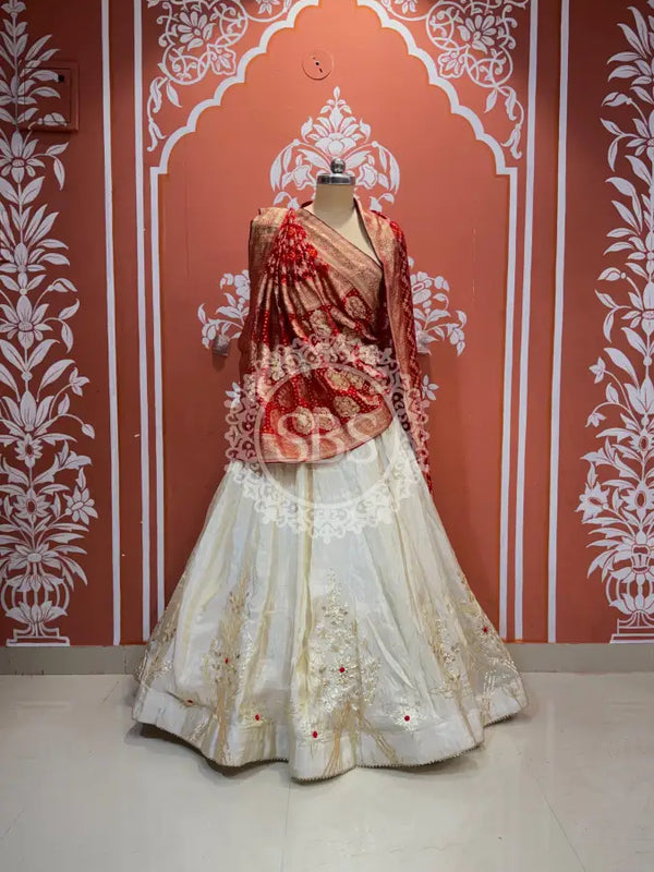 Pure Tissue gota and Kachi patti lehenga with Khadi Georgette Dupatta White & red / Free Size