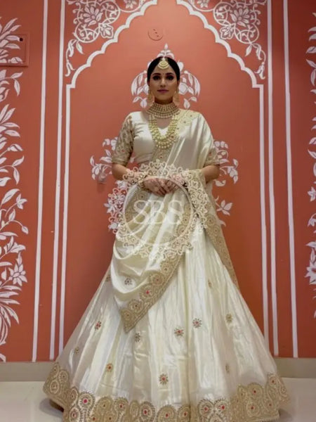 Pure tissue lehenga with kacchi Patti hand work. Off white / Free Size