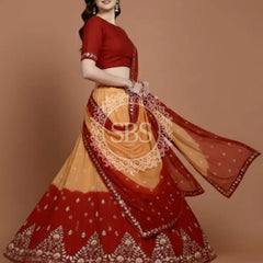 Pure Upada Silk double shade Lehenga with Bhandej and aari Tari work
