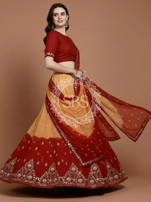 Pure Upada Silk double shade Lehenga with Bhandej and aari Tari work