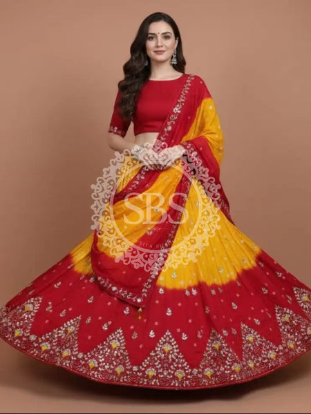 Pure Upada Silk double shade Lehenga with Bhandej and aari Tari work
