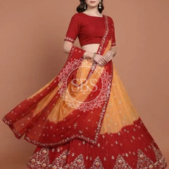 Pure Upada Silk double shade Lehenga with Bhandej and aari Tari work