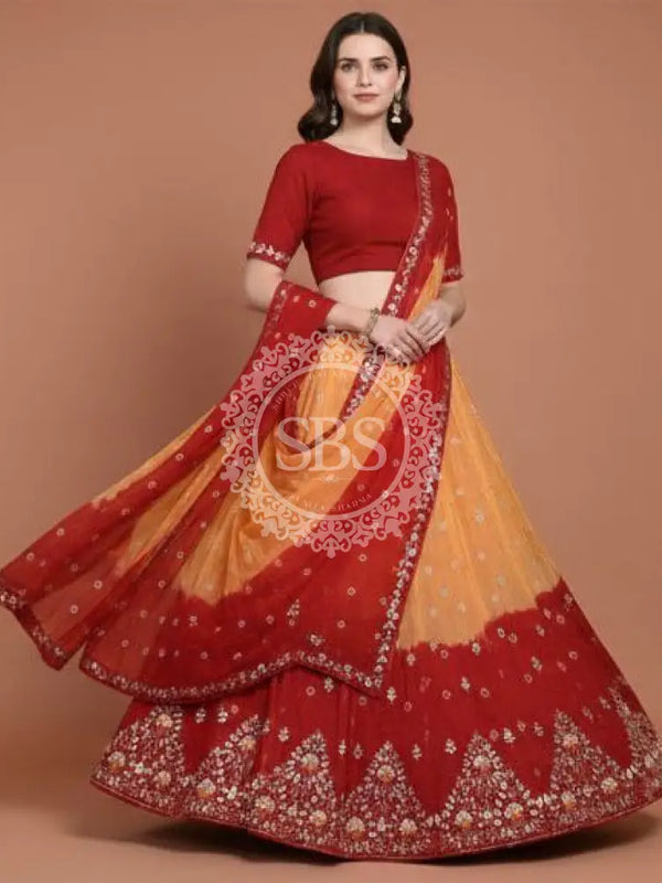 Pure Upada Silk double shade Lehenga with Bhandej and aari Tari work