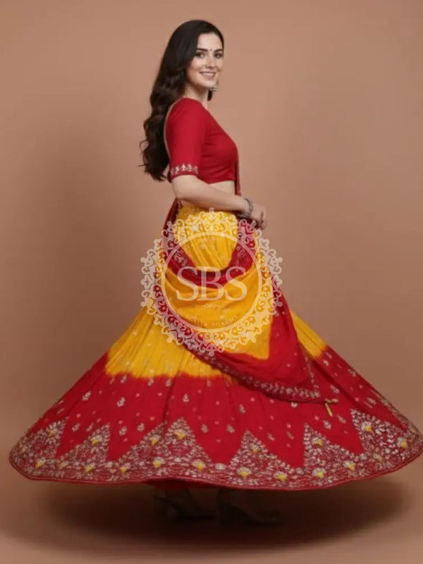 Pure Upada Silk double shade Lehenga with Bhandej and aari Tari work