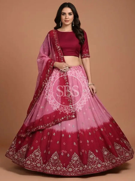 Pure Upada Silk double shade Lehenga with Bhandej and aari Tari work
