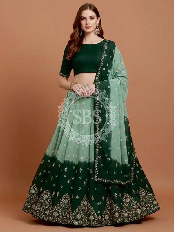 Pure Upada Silk double shade Lehenga with Bhandej and aari Tari work Green / Free Size