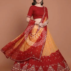 Pure Upada Silk double shade Lehenga with Bhandej and aari Tari work Peach & Red / Free Size